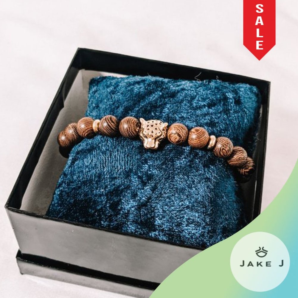 🍑Gold Leopard Head Natural wood Beads Mens bracelet A-089